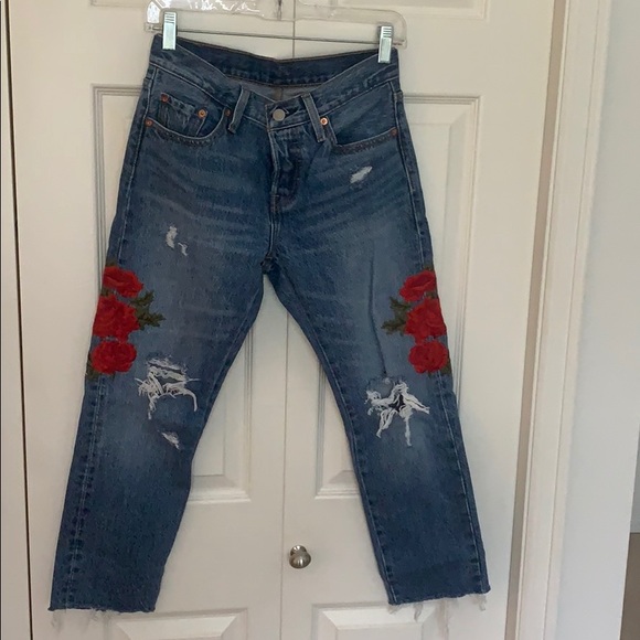 Levi's Denim - Distressed Levi Jean with Red flower detail